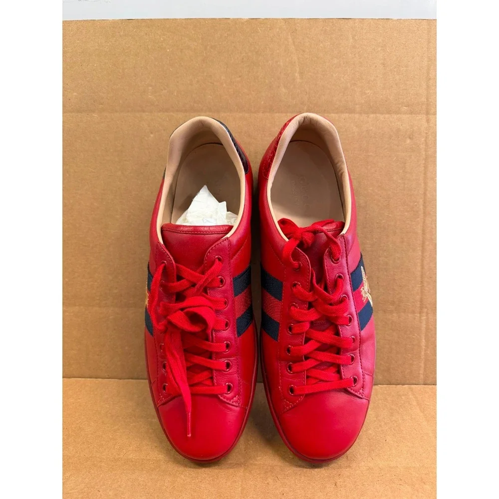 Gucci Ace Embroidered Bee Leather Low Top Sneakers Red Navy Mens Size 10 US